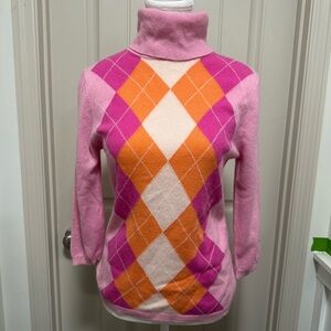 Valerie Stevens 100% cashmere Vibrant Argyle Turtleneck Sweater